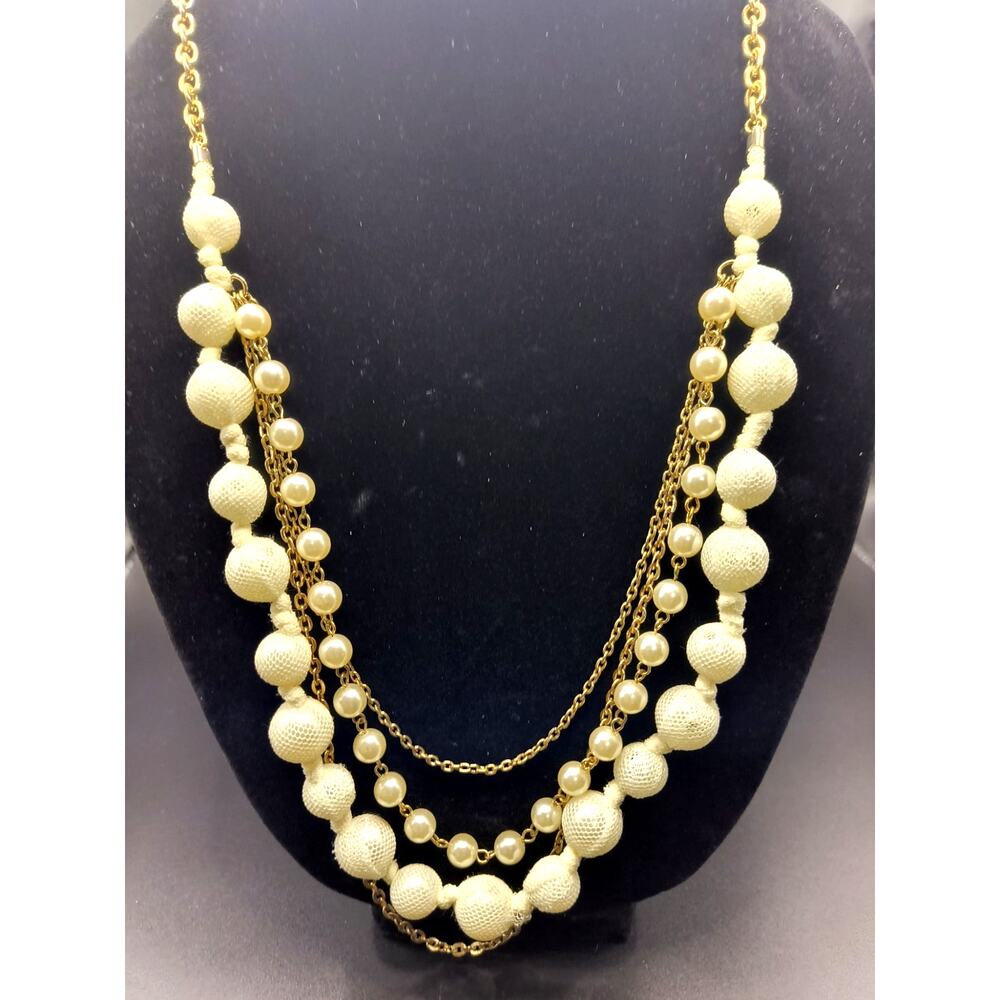 Avenue Layered Mesh Bead & Pearl Chain Necklace - Gold Tone